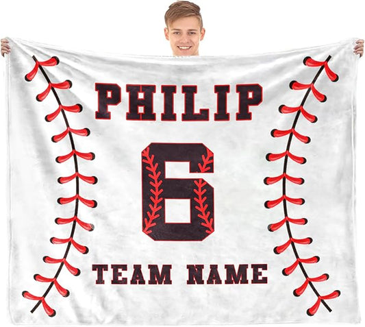 Personalized Baseball Blankets with Name Numbers, Custom Baseball Team Game Throw Flannel Blankets Stuff Gifts for Boys Sports Lover Fans Kids Adult