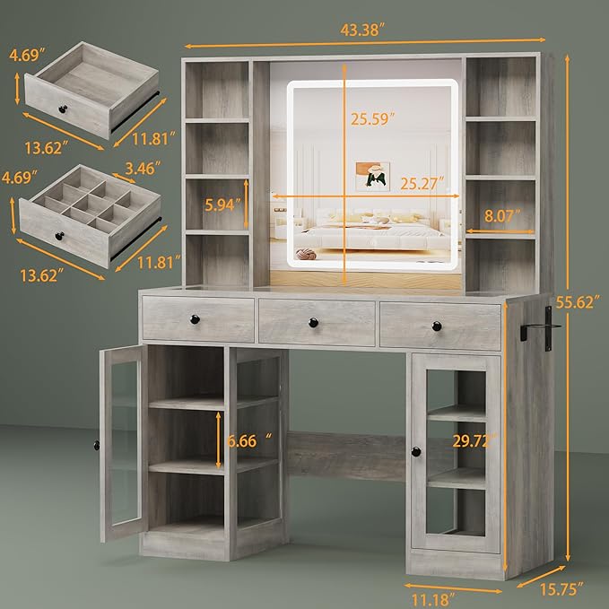 Vanity Desk with Mirror and Lights, White Makeup Vanity with Glass Top & Drawers, 3 Lighting Modes, Power Outlet, RGB Glass Cabinets, Modern Dressing Table for Girls, Women, Teens