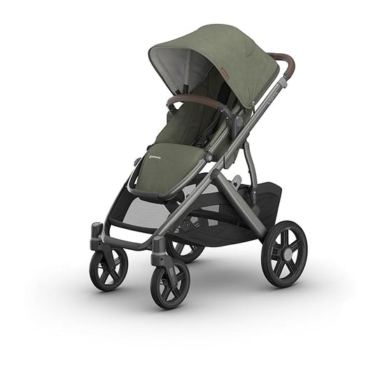 UPPAbaby Vista V3 Stroller - Full-Size Single-to-Double Stroller System - Toddler Seat, Bug Shield, Rain Shield, and Storage Bag Included - Evelyn (Meadow Green/Graphite Frame/Chestnut Leather)