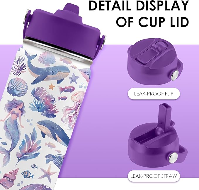 Ocean Gifts for Kids - 16 Oz Purple Water Bottle with Straw Lid, Stainless Steel Insulated Tumbler, Leak Proof, BPA-Free, for Girls & Boys, School, Beach - Marine Life Lovers Birthday Gifts (1pc)