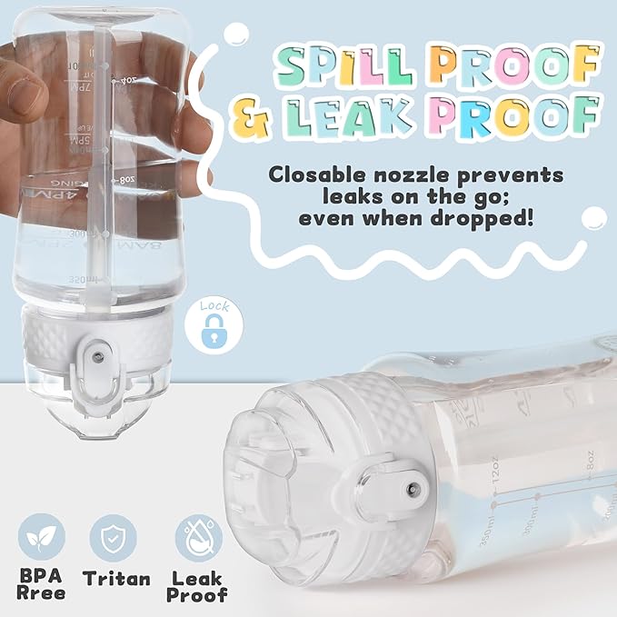 OLDLEY 12oz Kids Motivational Water Bottle, Silicone Straw, Leak-Proof Tritan BPA-Free, Reusable for School Girls & Boys, Clear