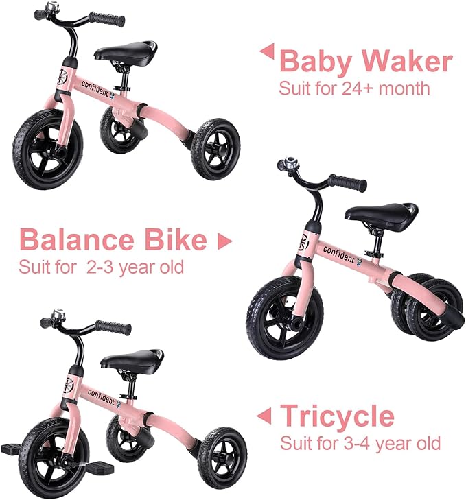 YGJT 3 in 1 Tricycle for Toddlers Age 2-5 Years Old, Folding Kids Balance Bike with Adjustable Seat and Removable Pedal, Toddler Bike Ride-on Toys for Infant, Gifts for Baby Girls Birthday(Pink)