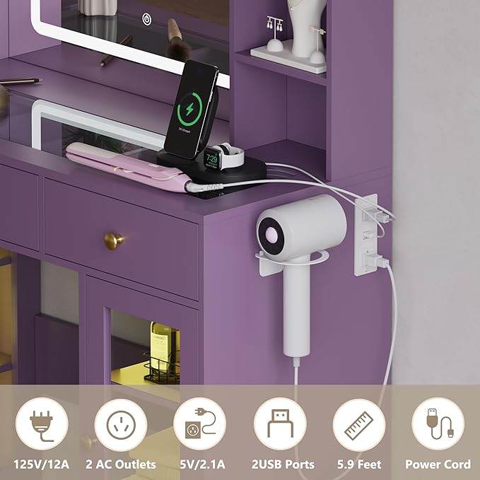 Vanity Desk with Mirror and Lights, White Makeup Vanity with Glass Top & Drawers, 3 Lighting Modes, Power Outlet, RGB Glass Cabinets, Modern Dressing Table for Women, Girls, Teens