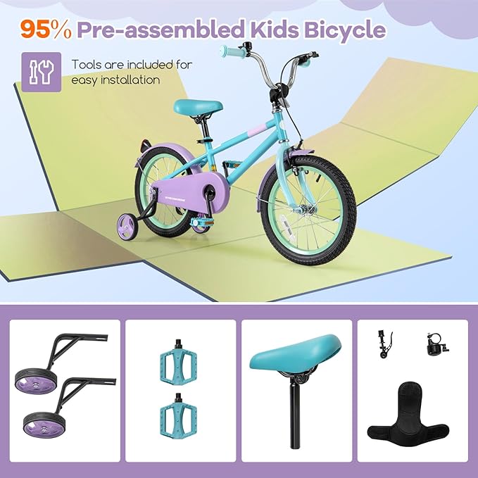 BABY JOY Colorful Macarons Kids Bike, 12 14 16 18 Inch Sporty Children's Bicycle with Training Wheels, Adjustable Handlebar & Saddle, Handbrake & Coaster Brake, Boys Girls Bike for 3-8 Years Old