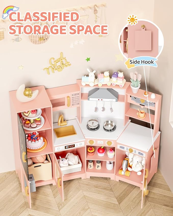 MAMIZO Wooden Corner Play Kitchen, Large Ultimate Interactive Toddler Pretend Kids Kitchen Playset with Blackboard, Stove & Range Hood w/Light & Sound, Ice Maker, Washing Machine, 6 Toy Set (Pink)