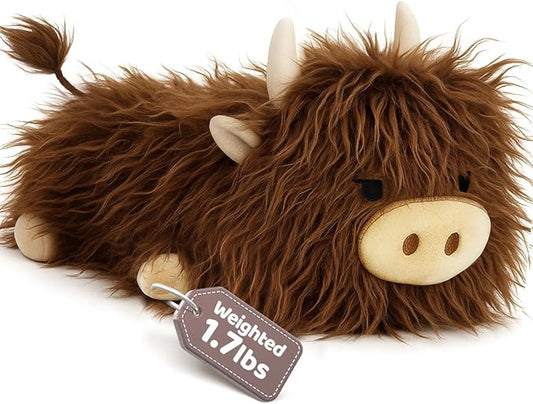 Puffpals Weighted Plush, Cute Highland Cow Weighted Stuffed Animal with Beads, Soft Sensory Plush Pillow Toy for Kids & Adults (13.4in, 1.7lbs)