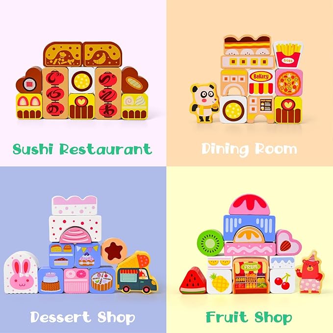 Vileafy Wooden Ice Cream Toy for 3 Year Old Birthday Gift– 116PCS Montessori Building Blocks for Toddlers – Pink Pretend Play Set & Stacking Toys for Girls Quiet Time & Family Play