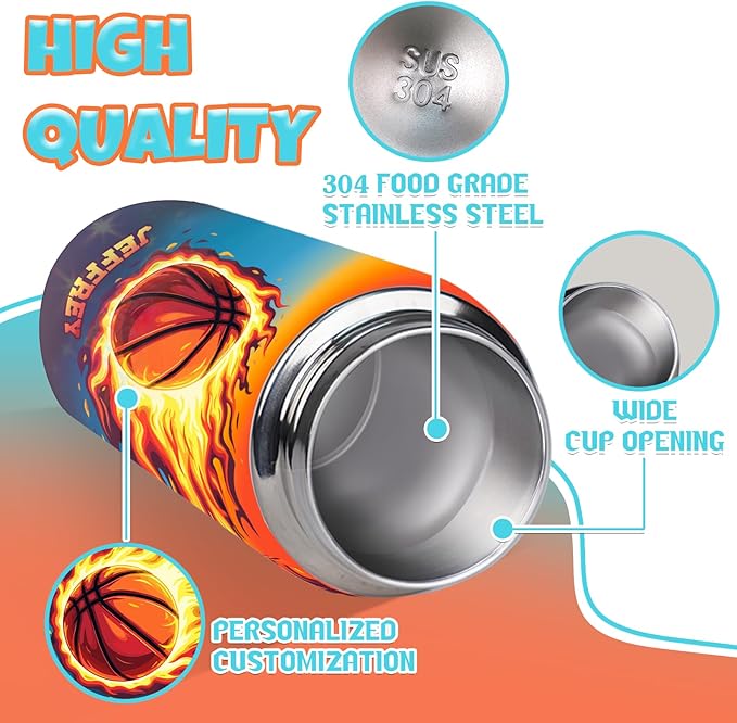 Personalized Kids Water Bottle with Name for School - Custom 18oz Water Bottle with Straw Lid Stainless Steel w/Engraved Names - Personalized Christmas Kids Gifts for Boys Girls (Ball)