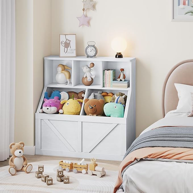Kids Bookshelf and Toy Storage, Toy Storage Organizer, Toy Organizer with Storage Cabinet and Toy Shelf, Toddler Book Shelf for Kids Rooms, Playroom, Bedroom, Nursery, Daycare, Vintage White