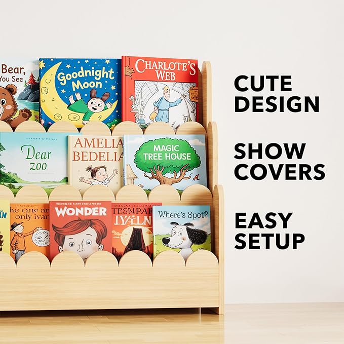 SpaceAid 3-Tier Scalloped Bookshelf, Montessori Bookcase for Toddlers, Wooden Book Shelf Organizer Display Furniture for Kids Rooms, Playroom, Nursery and Classroom, Natural