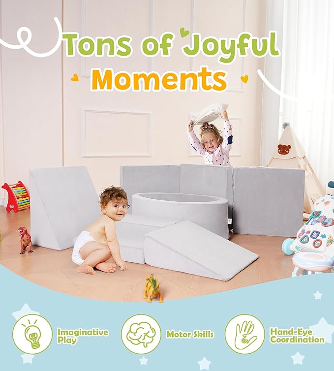Foam Climbing Blocks with Ball Pit & Stairs for Toddlers Aged 1-3 -Soft Playset for Indoor Crawling, Foam Playground Set for Baby to Active Playing Inside -(Balls NOT Included),Grey