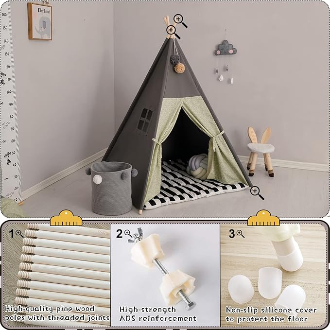Teepee Tent for Kids Stripe Padded Mat Foldable Dark Tone Grey Play Tents for Girl and Boy with Carry Case Wooden Pole Printing Canvas Tepee Playhouse for Child Indoor Outdoor