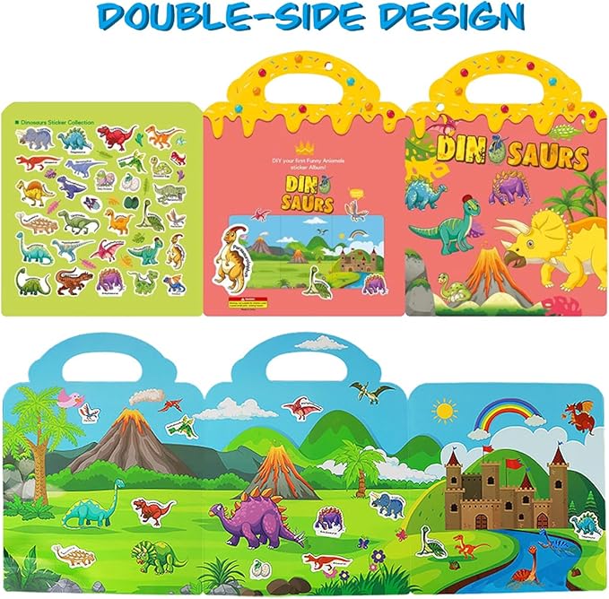 Reusable Sticker Books for Kids, Travel Removable Toddler Dinosaur Sticker Books for 3 4 5 Year Old Girls Boys Birthday Gifts Educational Learning Toys