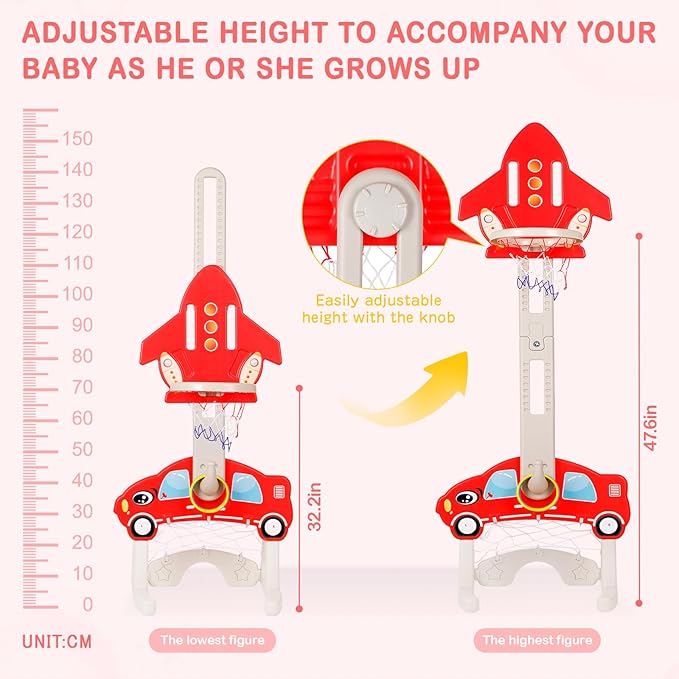 CYFIE Kids Basketball Hoop Toys with Football, Golf, Ring Toss, 4-in-1 Adjustable Height Toddler Activity Center Set for Girls Boys Sports Gifts Indoor Outdoor (Red)