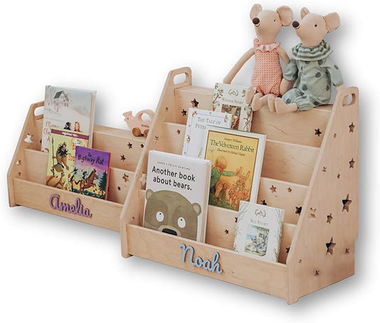 Personalized Montessori Bookshelf for Toddlers, Handmade Wooden Kids Book Organizer, Nursery and Playroom Storage, Custom Name Gift for Baby Shower or Birthday