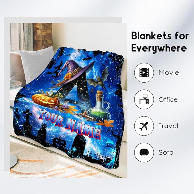 Halloween Blanket Gifts - Personalized Blanket for Kids Boys - Custom Initial Gifts for Toddler & Child - 50"x60" Flannel Monogram Throw - Halloween Party Room Decor