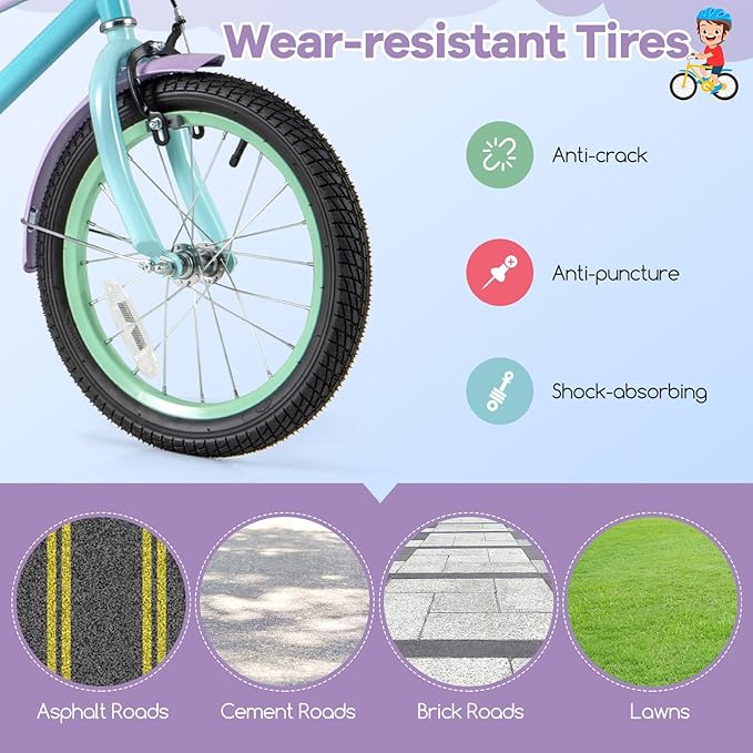 BABY JOY Colorful Macarons Kids Bike, 12 14 16 18 Inch Sporty Children's Bicycle with Training Wheels, Adjustable Handlebar & Saddle, Handbrake & Coaster Brake, Boys Girls Bike for 3-8 Years Old