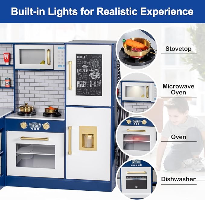 Corner Play Kitchen for Kids, Wooden Toddler Kitchen Playset w/Faucet, Sink, Microwave, Oven, Apron, Blackboard, Cabinets, Pretend Cooking Toys w/Sound & Light Gift for Ages 3+ (Blue)