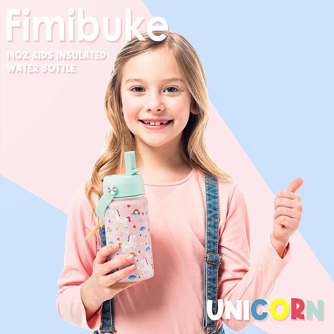 Fimibuke Kids Insulated Water Bottle, 14oz BPA FREE 18/8 Stainless Steel Travel Tumbler Double Wall Vacuum Leak Proof Kids Cup with Straw Metal Water Bottle for School Boys Girls(1 Pack, UNICORN)