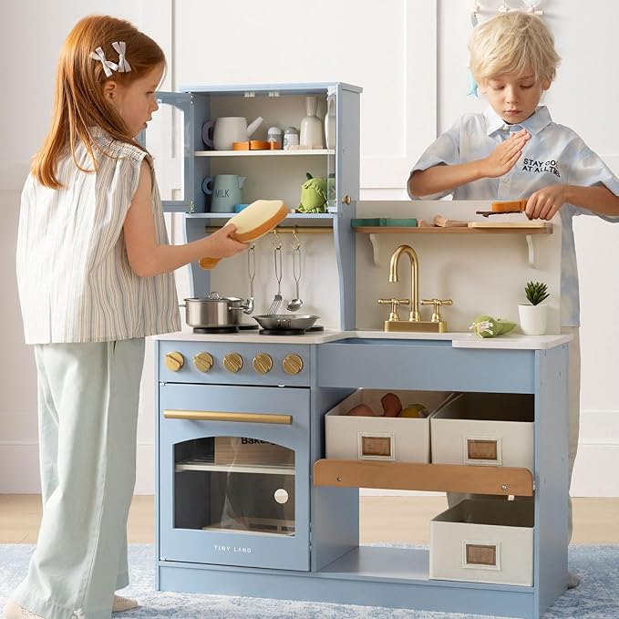 Tiny Land Play Kitchen for Kids, Wooden Toy Kitchen Set with Storage & Accessories, Toddler Kitchen Playset with Stove & Sink, Kids Kitchen Playset Gift for Ages 3-8