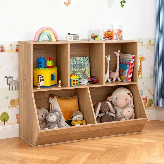 Costzon Toy Organizers and Storage with Bookshelf, Wooden 5 Cubby Children’s Book Shelf Toy Storage Cabinet Bookcase for Kids Room, Playroom, Kindergarten, Nursery (Natural)