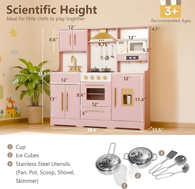 Kinder King Wooden Kids Play Kitchen, Toy Kitchen Playset for Toddler, Play Kitchen Set w/Real Sounds, Pretend Coffee Machine, Kitchen Hood, Sink, Ice Maker, Gift for Boys Girls Age 3+, Pink