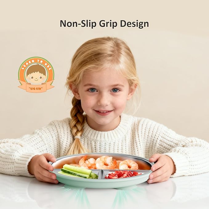 Stainless Steel Suction Plates for Toddlers, 9" Divided Kids Baby Plates with Removable Silicone Suction, Non Toxic Non Slip Portion Control Snack Dishes 4 Packs, Blue Gray Navy Sage
