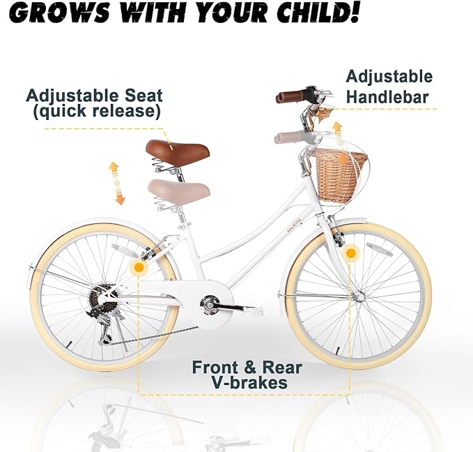 Glerc 20 24 26 Inch Beach Cruiser Bike, 6-Speed Hybrid City Bicycle for Girls Youth and Over 6 Years Old, Missy Bike with Wicker Basket & Lightweight, Multiple Colors