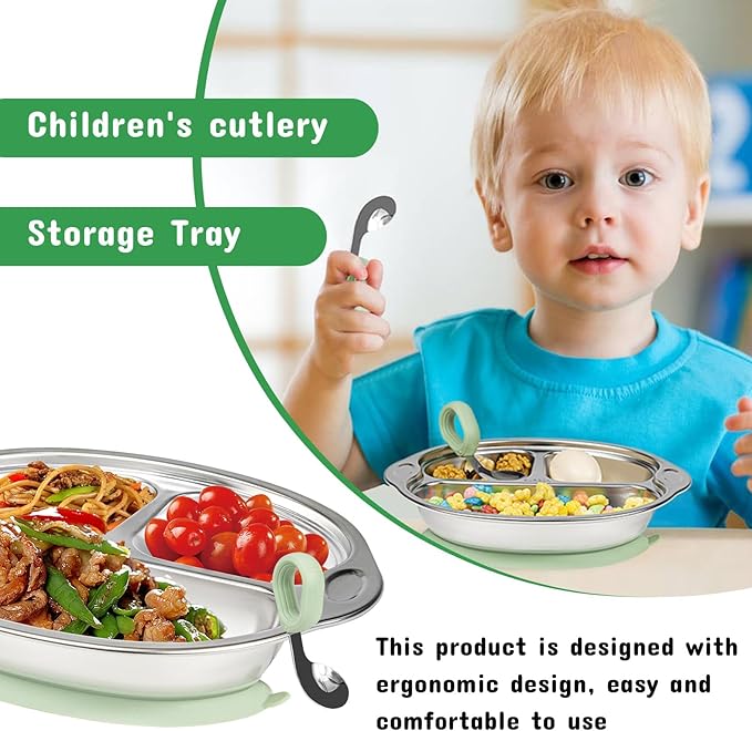 Stainless Steel Baby Suction Plates: Divided Plates for Babies and Toddlers, Made of 100% Food-Grade Materials Ideal for Baby-Led Weaning BPA-Free Toddler Feeding Dishwasher Safe Green