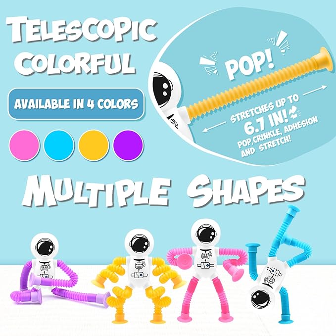 4Pcs Telescopic Suction Cup Astronaut Toys,Sensory Toys for Kids 3-5 5-7,Toddler Toy,Fidget Toy,Toddler Travel Essential for Airplane,Pop Tubes, Christmas Stocking for Kids Boys Girls K