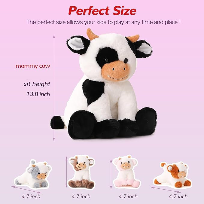 5 Pieces Cow Stuffed Animals for Boys Girls, 1 Mommy Cow with 4 Babies Soft Plush Toy Set Gifts for Kids Children 3 4 5 6 7 8 9 Years, Christmas, Birthday, Party Decorations