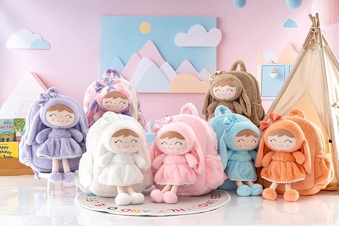 Gloveleya Back to School Gifts for Girls Toddler Backpack Plush Bag with Detachable Orange Rabbit 11 Inches Gift for Baby Girl Aged 2+