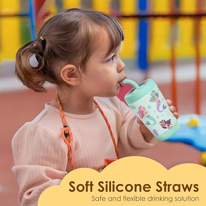 Kid Insulated Stainless Steel Tumbler with Silicone Straw, 12oz Sippy Cup for Kids (Magical Mermaids)