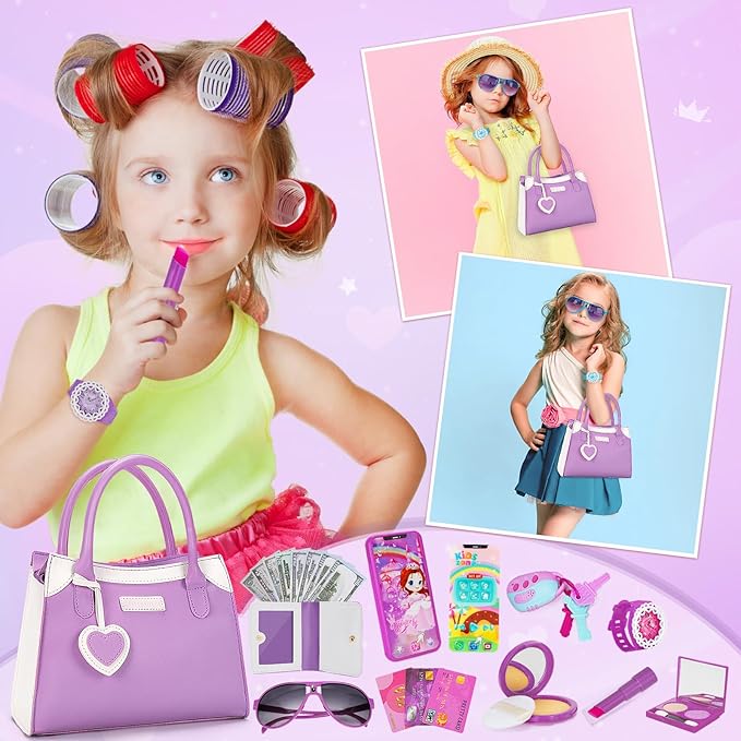 Officygnet Girls Toys for 3 4 5 6 7 8 Year Old - Pretend Princess Play Purse Toys for Little Girl, Toddler Purse with Accessories, Kids Toy Purse Birthday for Girls Ages 2-4 3-5 4-5 6-8 (Purple)