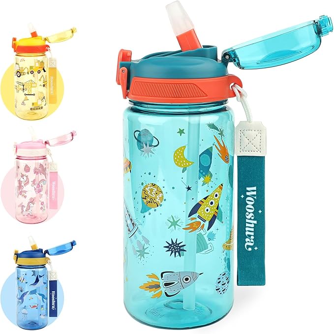 Kids Water Bottle for School or Travel, 20 Oz Durable Plastic Water Bottle with Silicone Straw and Pop-Up Spout Cover, BPA Free & Dishwasher Safe(Rocket)