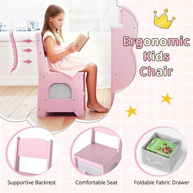 Costzon Kids Vanity with Lights, Corner Vanity Desk with Mirror, Storage Shelves, Wooden Princess Toddler Makeup Dressing Table, Kids Vanity Table and Chair Set for Little Girls (Pink)