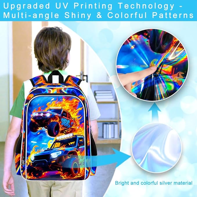 17" Monster Truck Backpack for Boy, 3Pcs Fire Bookbag for Elementary Preschool Kindergarten, Kids School Backpacks with Lunch Box (Red)