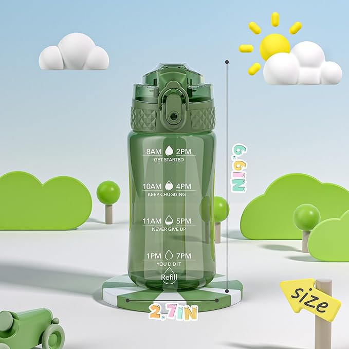 OLDLEY 12oz Kids Water Bottle for School - Motivational With Silicone Straw, Leak-Proof Tritan BPA-Free, Reusable for Girls Boys, Jade