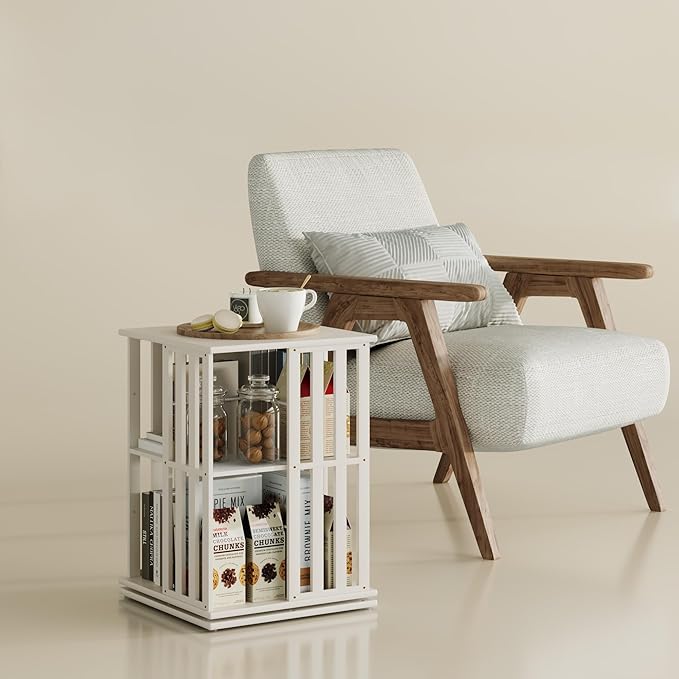 YOWOS Rotating Bookshelf Tower, 360 Display Spinning Bookcase, Bamboo Bookshelf Floor Standing Storage Rack, Wood Narrow Book Shelf Organizer for Kids&Adults (White, 2 Tier)