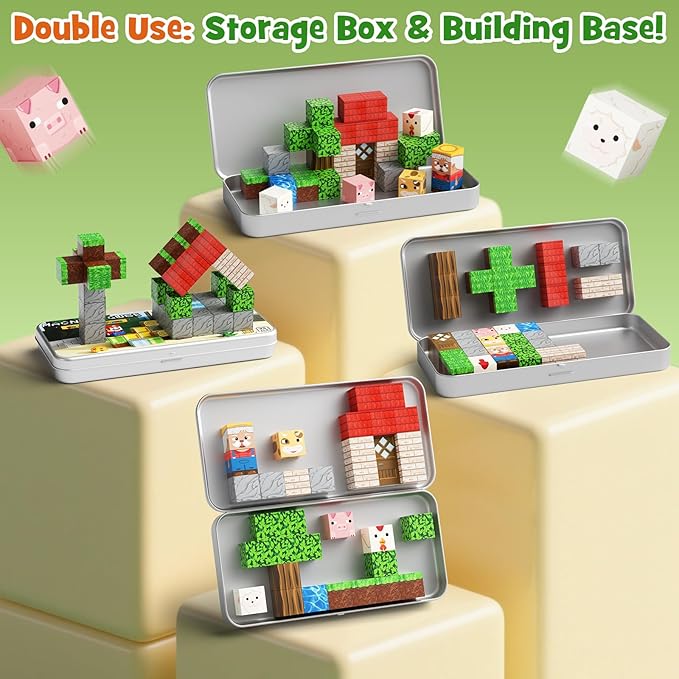 Magnetic Tiles Farm Animals Travel Toys, 35PCS Magnetic Blocks for Kids Ages 3-8, Portable STEM Building Cubes with Metal Storage Box, Toddler Learning Toys for Ages 3-5