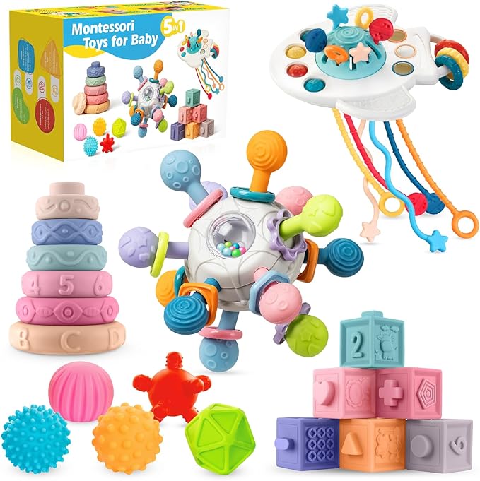 SpringFlower 0-3-6-12 Months Baby Toys, 5 in 1 Montessori Toys for Babies, Teething Toy & Stacking Building Block & Ring & Silicone Pull String, Sensory Development Baby Infant Toy, Gift for Babies