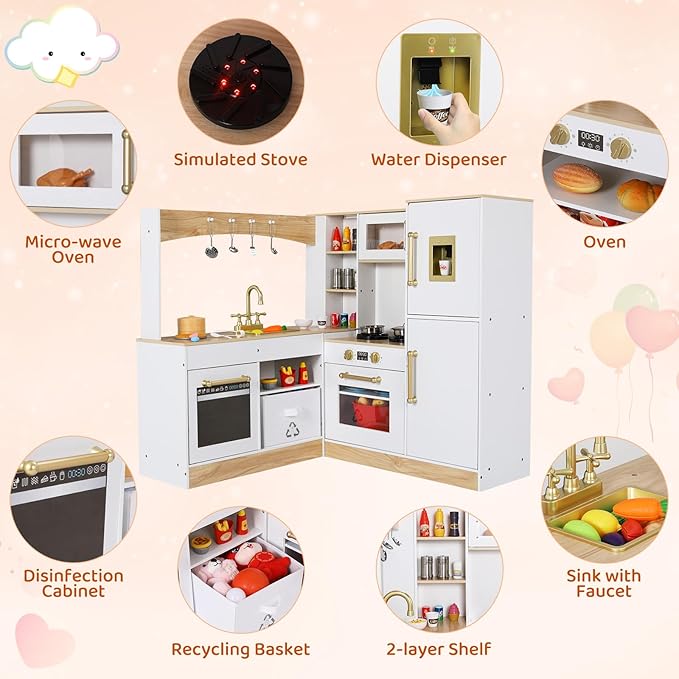 Arlopu Corner Wooden Play Kitchen with Lights & Sounds, Ultimate Pretend Cooking Toy Playset w/Utensils, Oven, Microwave, Stove, Water Dispenser (White)