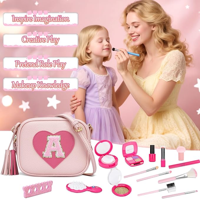 CBEE Kids Pretend Makeup Kit for Girls Non Toxic Make Up Toys Toddler Purse Personalized Gifts for 3 4 5 6 7 8 Year Old Girls (A)