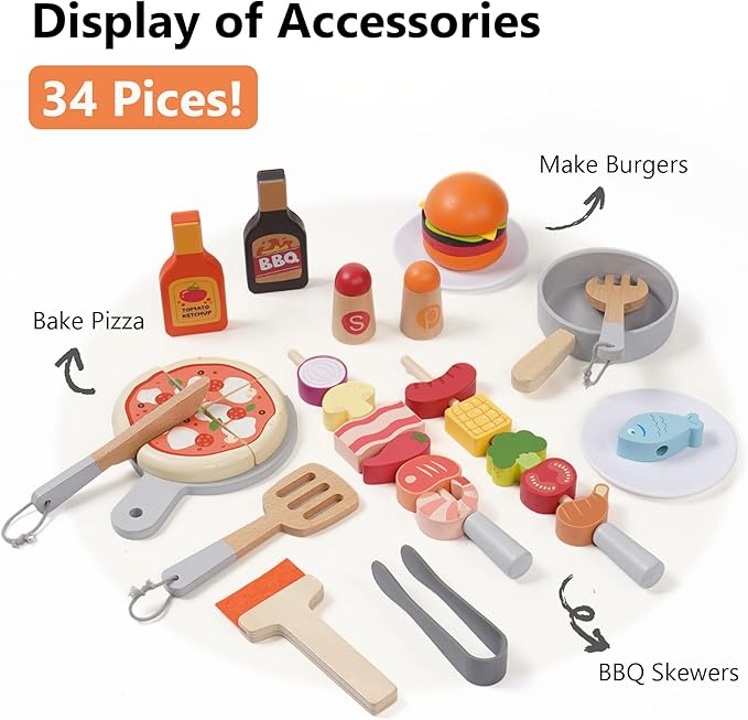 Wooden Kids Grill Playset – Realistic Play Barbecue Set with Grilling Tools and Foods – Pretend Grill Toy for Kids Ages 3+
