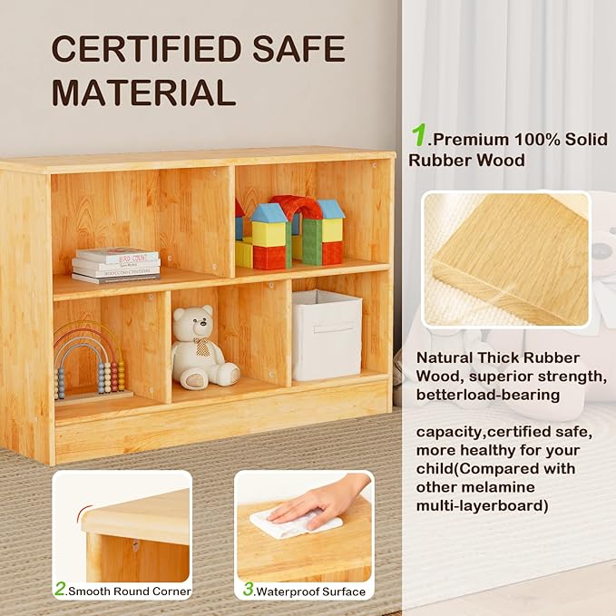 wingyz Montessori Bookshelf Rubber Soild Wood, 5-Section Wooden Storage Cabinet, 2 Shelf Bookcase Toy Storage Organizer, 35.4" L Montessori Shelf for Kids Rooms Classroom Nursery Daycare, Child-Safe