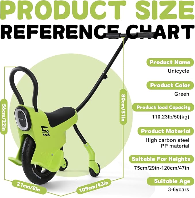 12in Hand Push Unicycle for Kids, Light Unicycle Bikes with Light/Handrails/Auxiliary Wheels, Parent-Child Unicycle Bike, Unicycle Balance Bikes, Kids Unicycle Bicycles (Green)