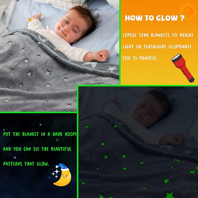 Glow in The Dark Blanket for Kids Unique Birthday Gifts for Girls Boys Teens Soft Cozy Warm Fuzzy Cute Throw Blanket All Seasons Gray Glowing Stars Blankets for Couch Sofa Bed 50"×60"
