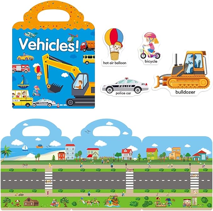 Reusable Sticker Book for Kids, Vehicles Truck Stickers Educational Learning Toys Travel Stickers Activity Books for Toddler Girls Boys Age 3+ Birthday Gifts