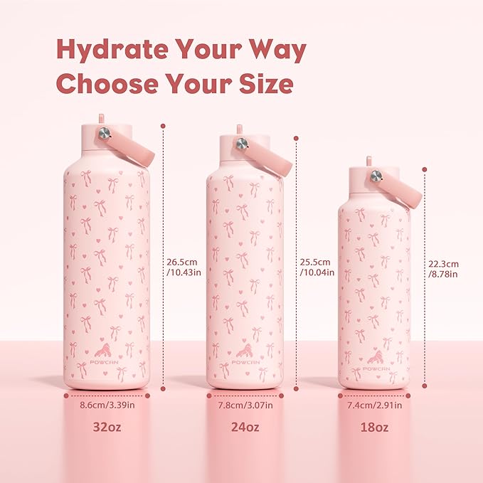POWCAN 18 oz Insulated Water Bottle: Leakproof, Cup Holder Friendly, Standard Mouth, Top Handle, Double Walled Stainless Steel Water Bottle for Girl, Student, School, Bag, Camping (Sweetheart Bow)