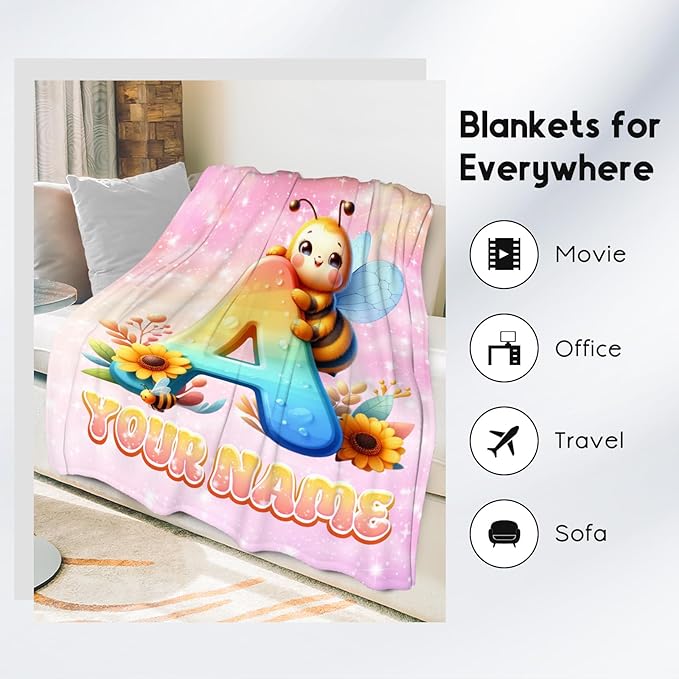 Personalized Blankets for Kids - Bee Blanket for Girls Boys - Custom Name Gifts for Daughter Son - Cute Monogram Fleece Throws - 4 Sizes for Toddler/Children/Teens/Adults